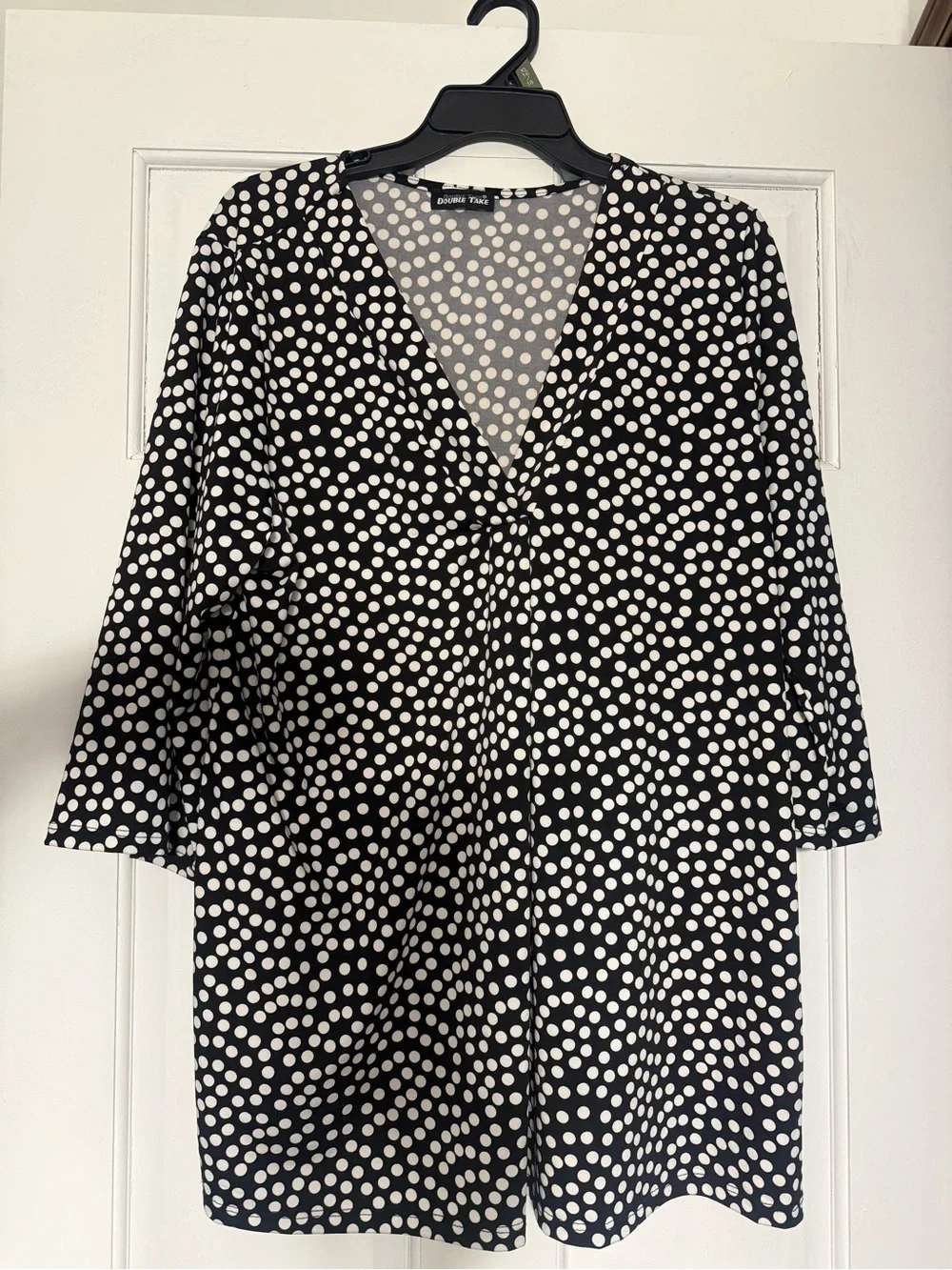 Double Take Black & White Polka Dot V-Neck Blouse - Picture 1 of 2
